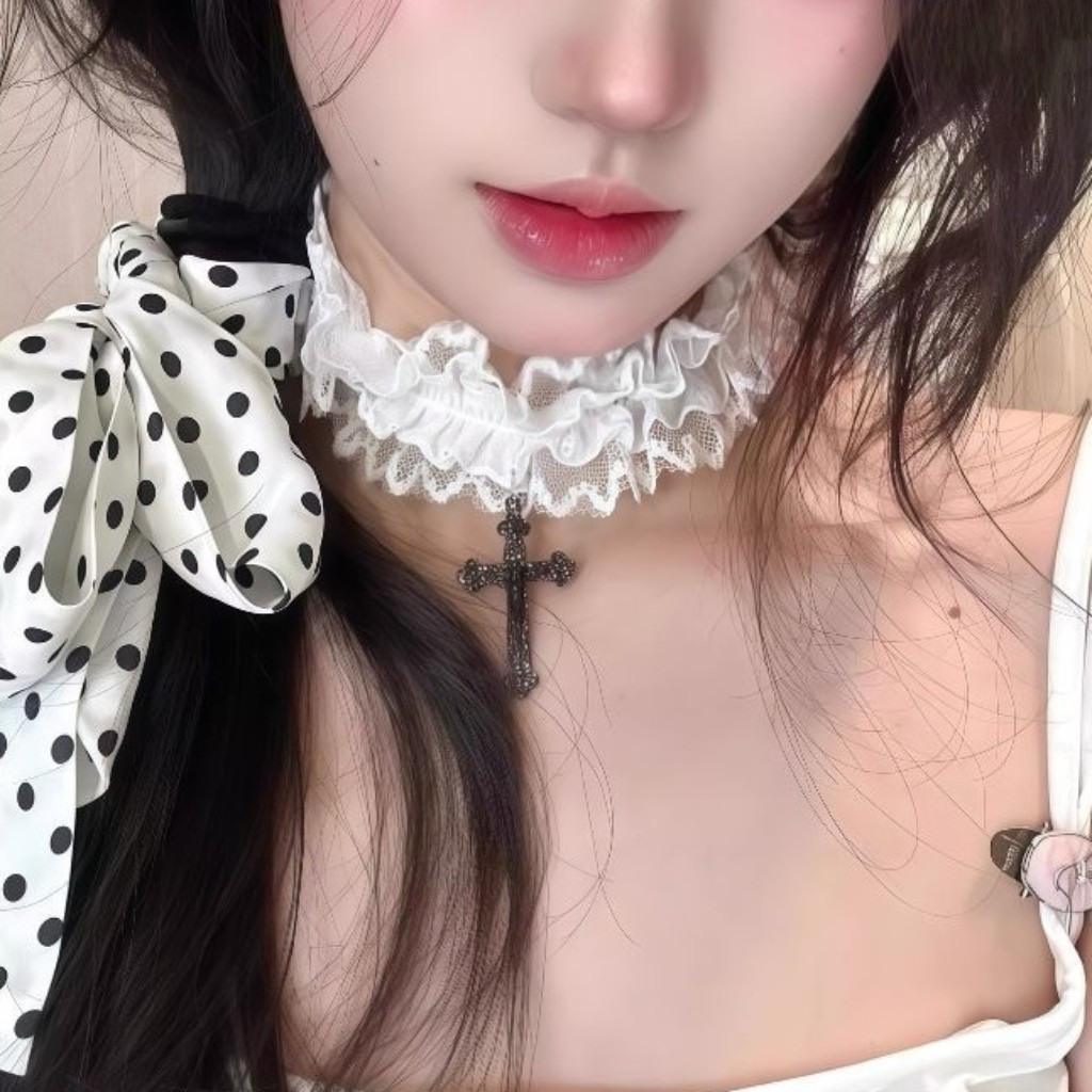 纯欲甜妹蕾丝十字架吊坠项链女短款颈链choker甜酷辣妹性感颈带韩