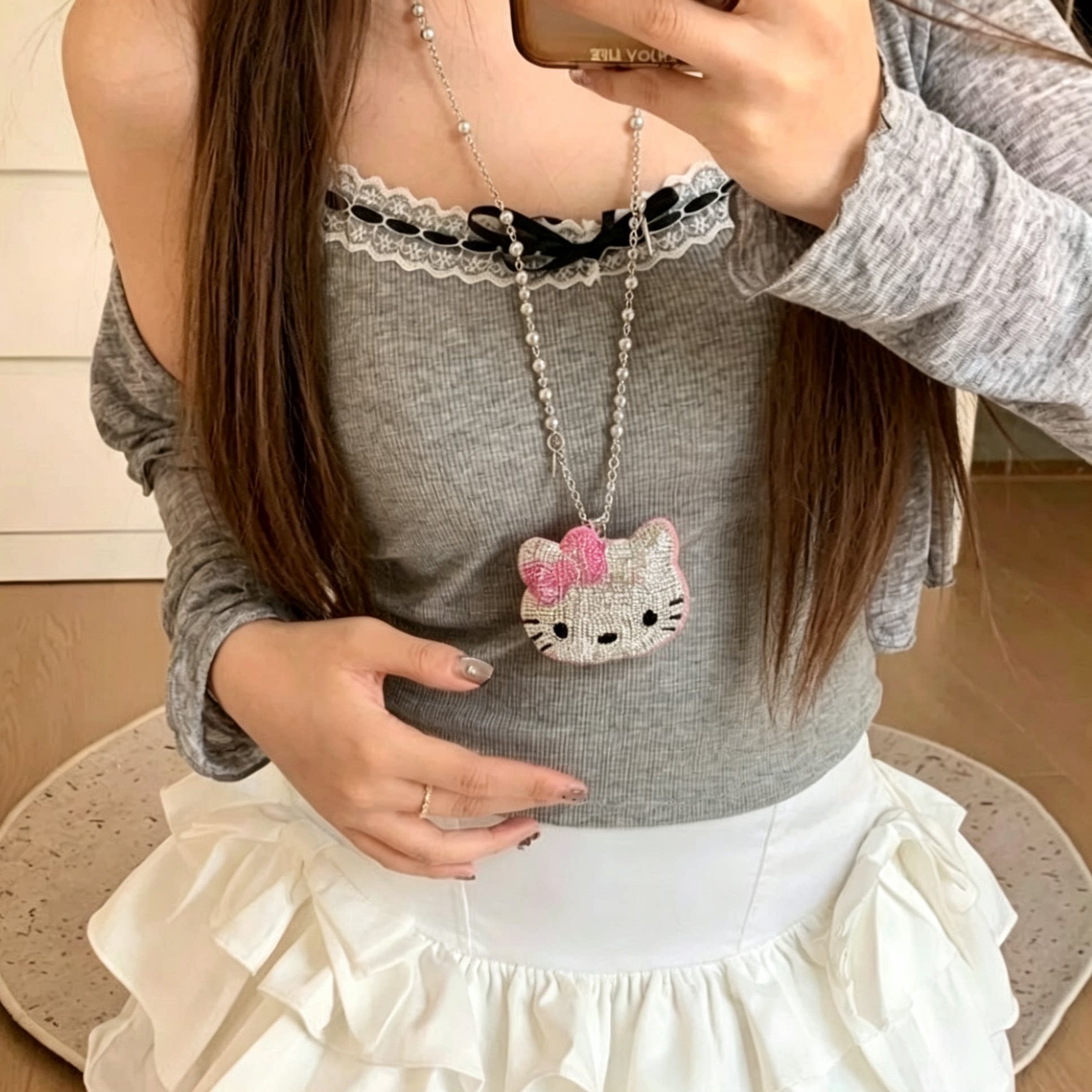 bling满钻Kitty猫灰珍珠项链女可爱甜酷辣妹时尚长款毛衣链配饰韩