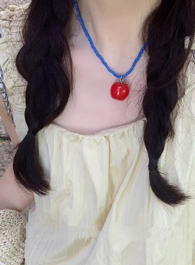 「一颗小番茄」ins韩国多巴胺可爱少女撞色串珠项链短款锁骨颈链