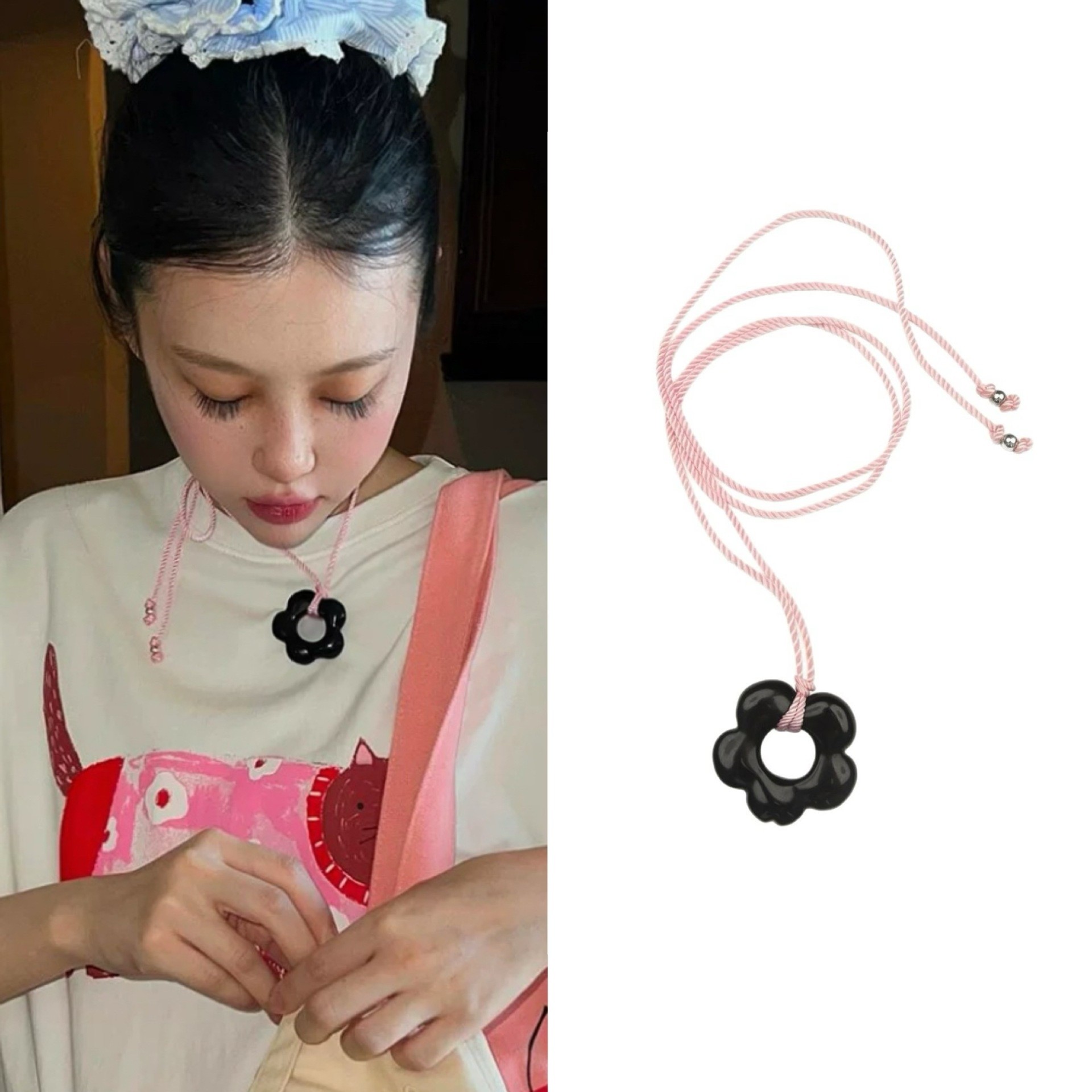 韩系甜美小众粉绳花朵锁骨链项链女颈带休闲简约小众绑带长款颈链