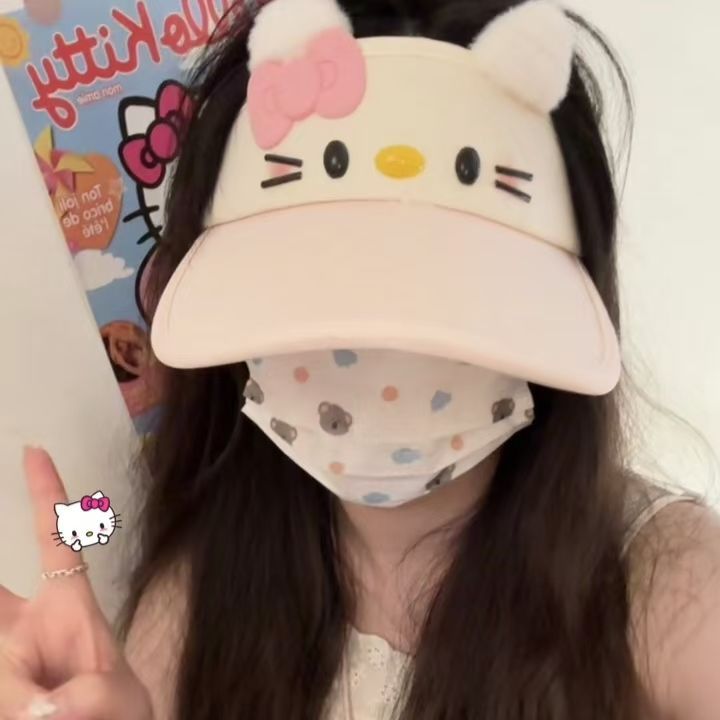 可爱少女心KT猫网红防晒空顶帽子女夏时尚百搭大头围鸭舌遮阳帽韩