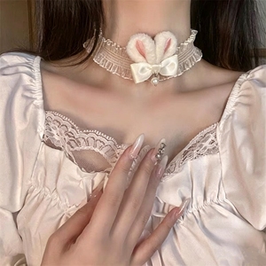乖萌小兔~纯欲少女可爱蕾丝兔耳朵卡通项链女短choker颈带萝莉塔