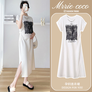 孕妇夏装短袖开叉t恤连衣裙2023新款夏季薄款小个子黑色裙子夏款