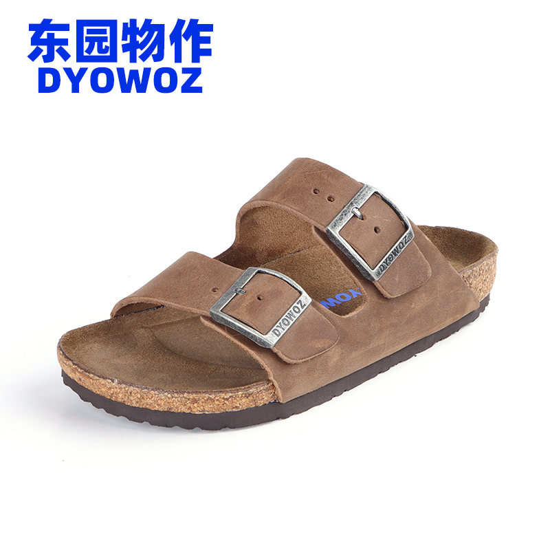 DYOWOZ/东园物作头层牛皮勃肯软木沙滩拖鞋女情侣款日系复古外穿