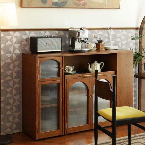 美式实木餐边柜双层置物架靠墙一体收纳储物柜家用轻奢全实木餐柜