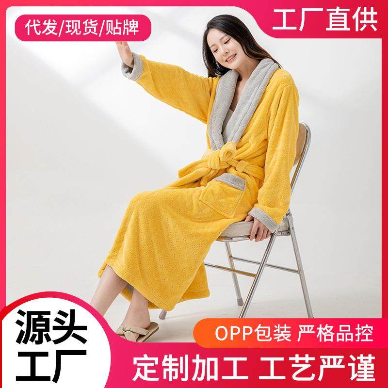 新款双层双色加厚浴袍珊瑚绒浴袍春秋冬季长款情侣家居睡袍保暖