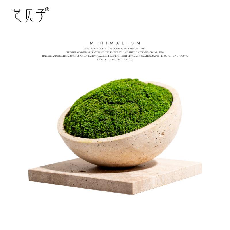 艺贝子高级感大理石洞石花器插花永生仿真绿植青苔洽谈桌花艺摆件