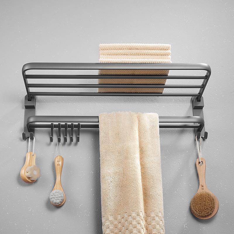 枪灰色免打孔太空铝折叠毛巾架浴室简约卫生间置物架浴巾挂件套装
