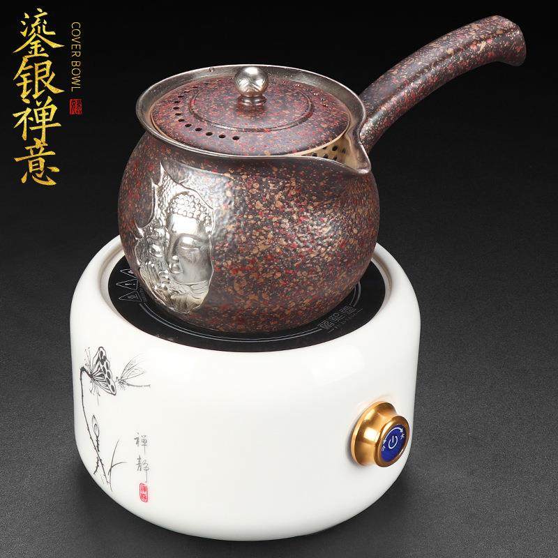 围炉煮茶电陶炉套装家用陶瓷煮茶器家用大容量侧把壶煮茶壶鎏银