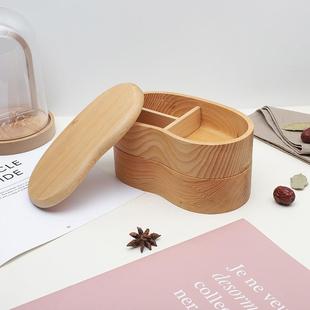 日式铁杉木双层餐盒料理寿司点心便当盒木质分格餐食保温饭盒