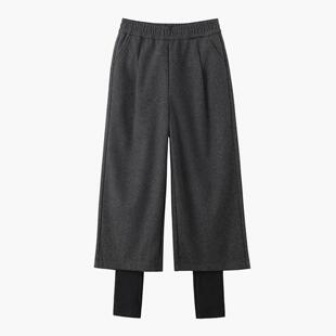 假两件裤子七分阔腿裤女配靴子慵懒风秋冬新款加绒休闲毛呢裤子