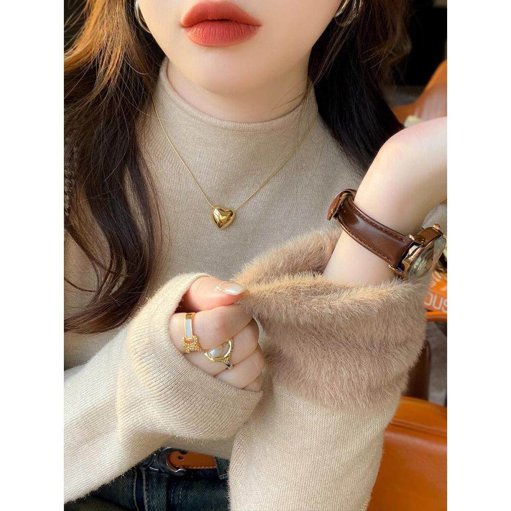 加绒加厚半高领打底衫女秋冬一体绒针织毛衣韩系气质显瘦内搭上衣