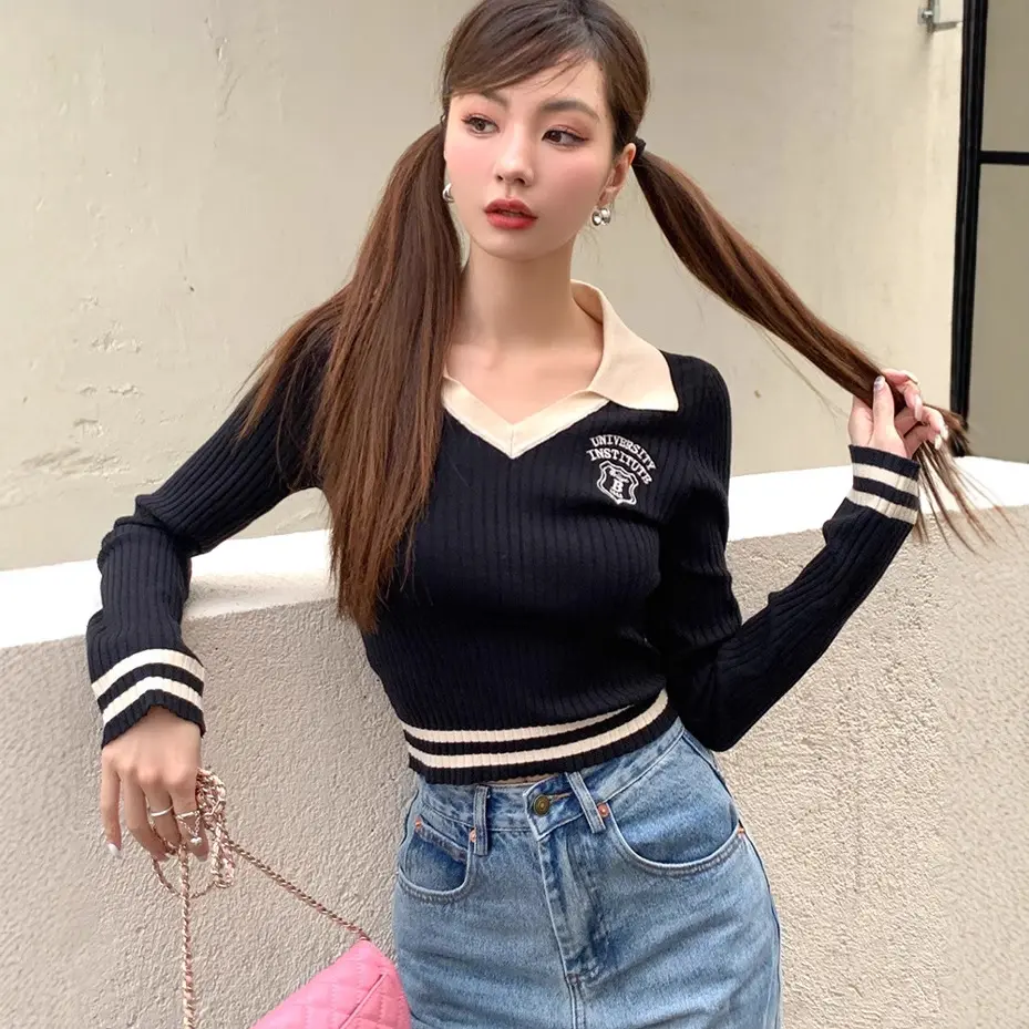 美式长袖2025女士春装新款针织衫女V领短款显瘦上衣拼接翻领T恤