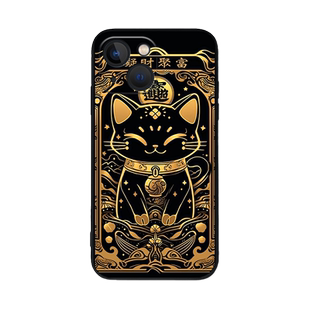 招财猫咪适用苹果16promax手机壳15/13发财iPhone14黑猫plus复古12高级感mini小众11/17/x新款xs好运18/8套7p