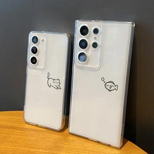 线条猫咪鱼适用三星s24ultra手机壳s25新款 趣味s24u简约s22plus保护s21套Galaxy透明软samsung防摔 s23高级感