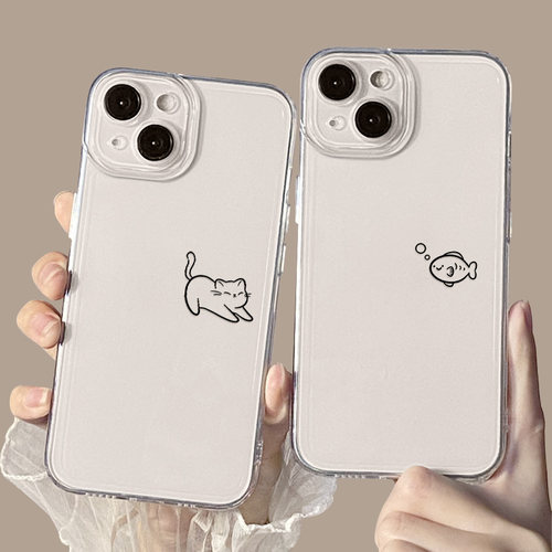 适用于线条猫咪鱼手机壳小米透明