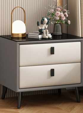 岩板全实木床头柜轻奢猫爪皮卧室小型收纳柜现代简约床边50储物柜