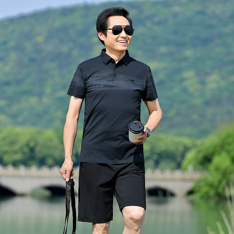 爸爸夏装Polo衫冰丝短袖套装中年男士新款T恤50岁60爷爷夏季t恤男