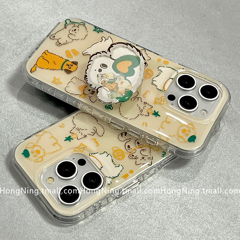 可爱卡通小狗带支架适用苹果16ProMax手机壳iPhone13新款16pro小众女款14防摔15PRO硅胶双层男生简约全包软壳