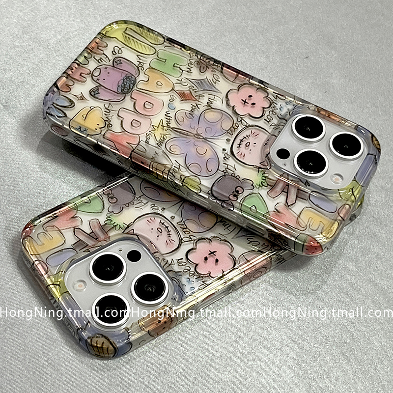 日韩可爱卡通涂鸦适用苹果16ProMax手机壳创意双层iPhone13新款16pro小众女款14防摔15PRO硅胶全包保护套软壳