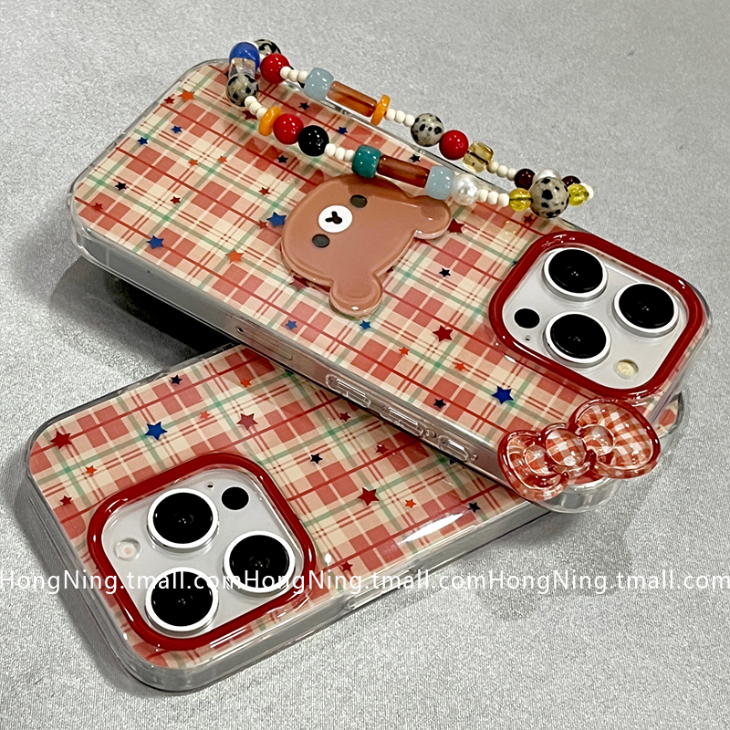 ins风格纹小熊带链条适用苹果16ProMax手机壳高级感轻奢iPhone13新款16pro小众女款14防摔15PRO硅胶全包软壳