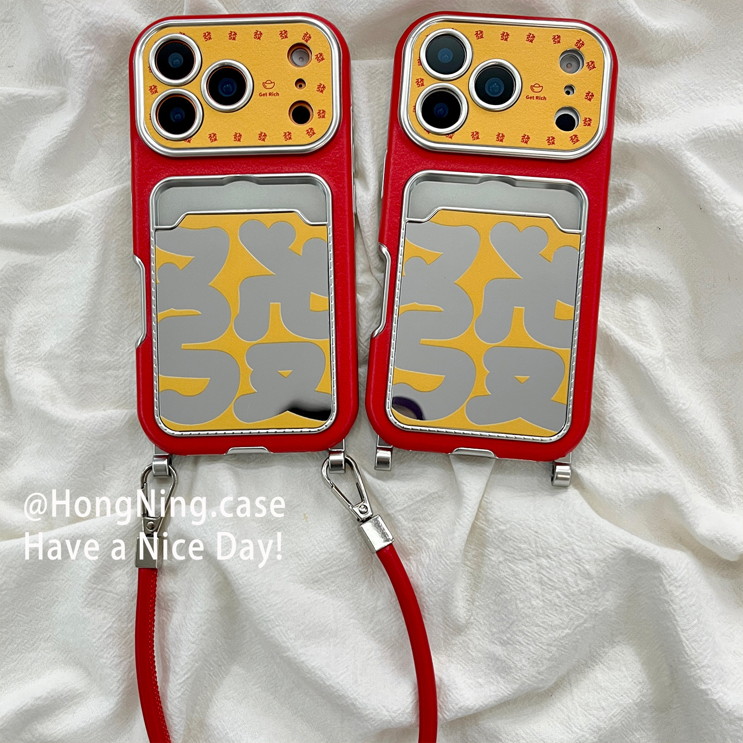 卡包镜面发财文字带挂绳适用iPhone17ProMax手机壳苹果16pro新款15PRO女款小众13硅胶14防摔马年创意全包软壳,3C数码配件,手机保护套/壳,淘宝优惠券,粉丝福利购,淘宝优惠卷