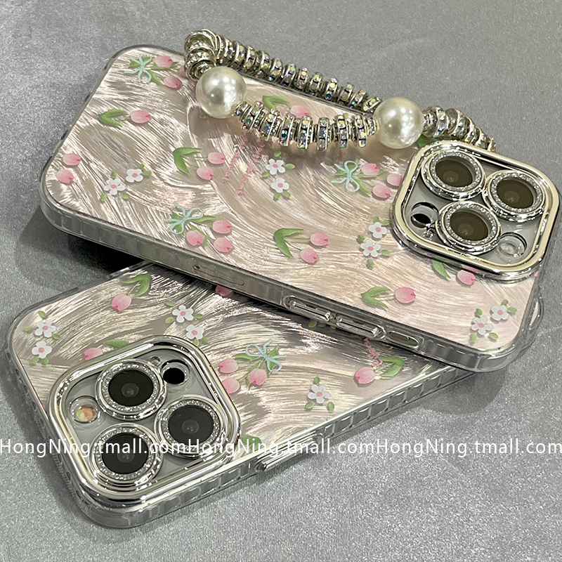 ins风粉色郁金香带链条适用苹果14手机壳iPhone16ProMax新款小众13pro防摔15pro硅胶11女款12镜头全包保护套