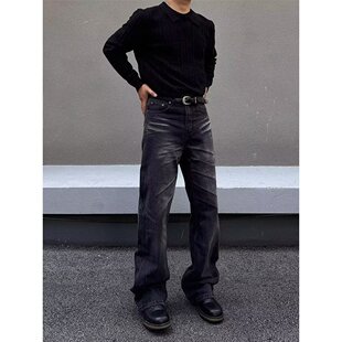 SOLITAR EASE美式高街复古水洗做旧牛仔裤男宽松直筒痞帅微喇裤子