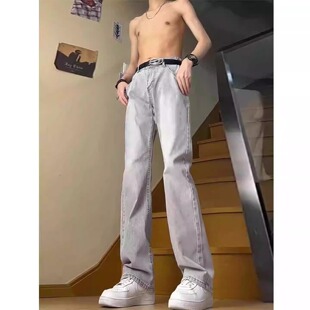SOLITAR EASE烟灰色牛仔裤男款春季裤子美式高街修身显腿长微喇裤