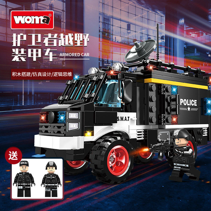 沃马积木科技特警战队越野装甲车巡逻警车玩具模型拼插拼装小