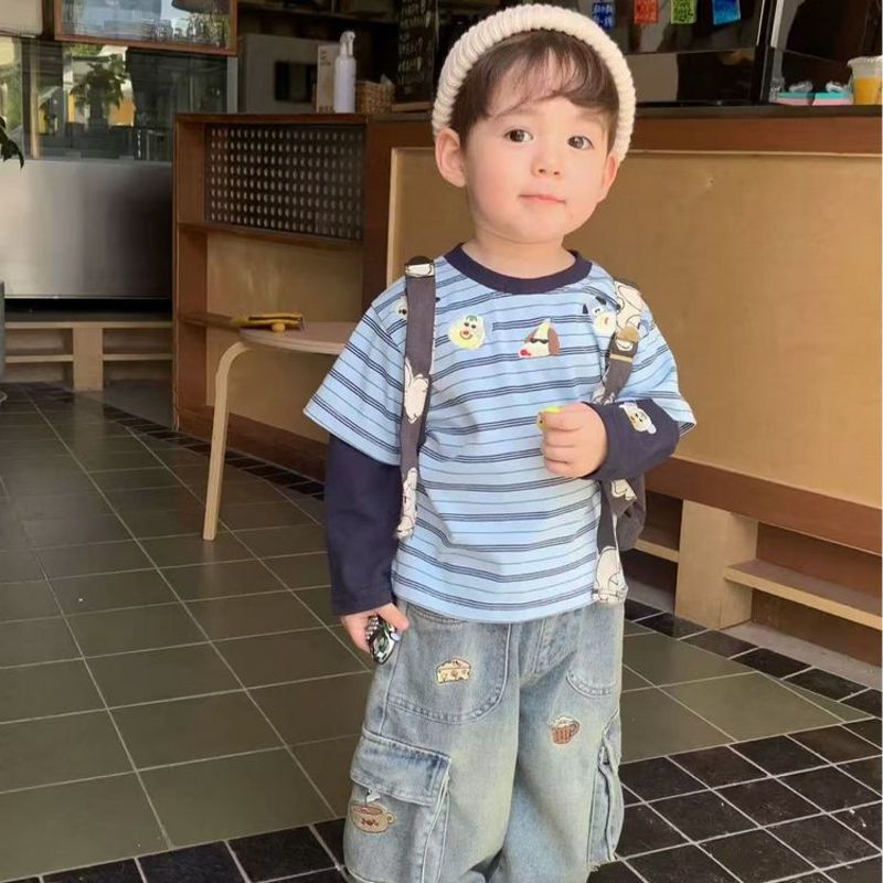 2025秋新款男童时尚套装假两件条纹上衣+刺绣牛仔裤宝宝休闲潮流
