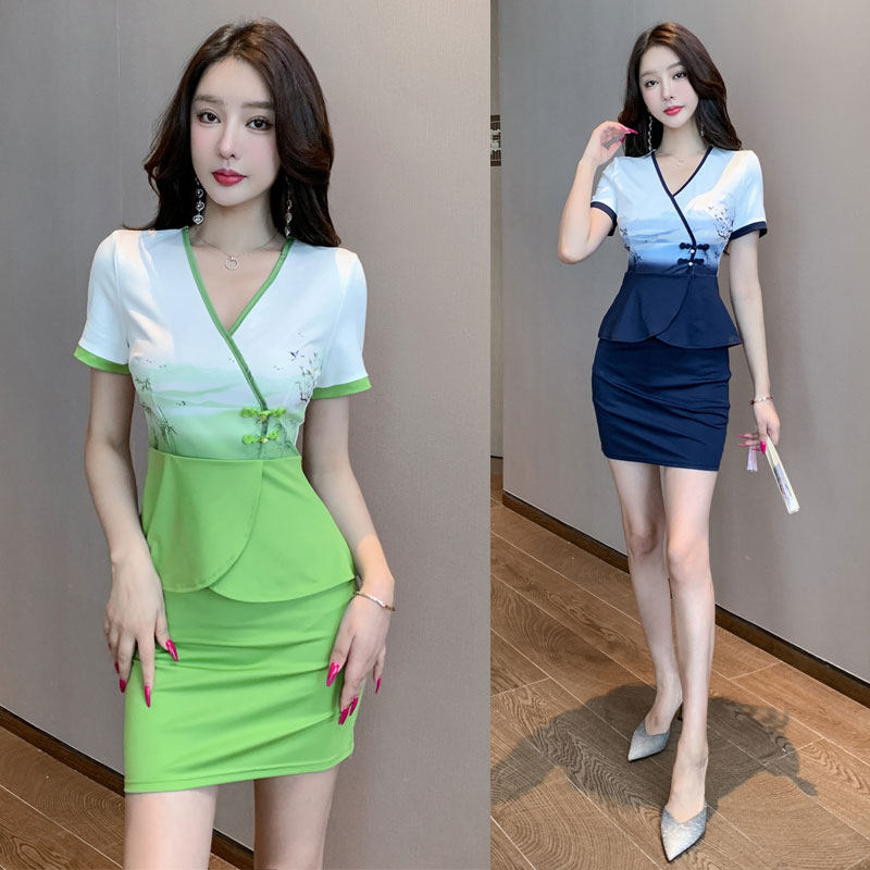 中式足道养生工作服套装修身足浴spa女技师服性感v领桑拿包裙工衣