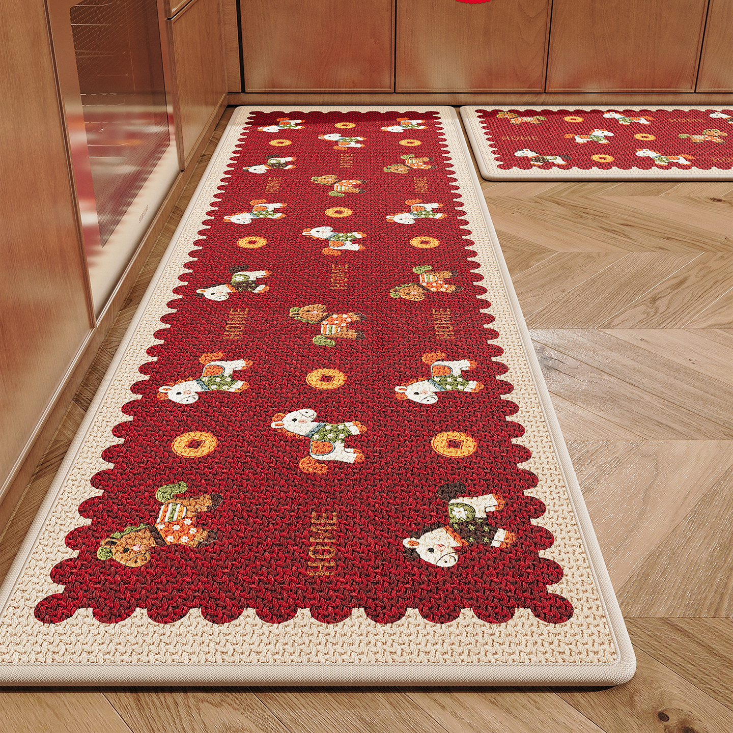 红色卡通厨房地垫防滑脚垫子高级感家用长条吸水速干耐脏免洗地毯,居家布艺,厨房地垫,淘宝优惠券,粉丝福利购,淘宝优惠卷