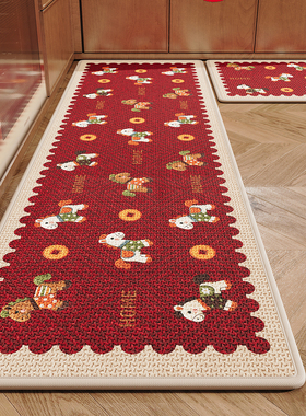 红色卡通厨房地垫防滑脚垫子高级感家用长条吸水速干耐脏免洗地毯