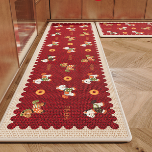 红色卡通厨房地垫防滑脚垫子高级感家用长条吸水速干耐脏免洗地毯