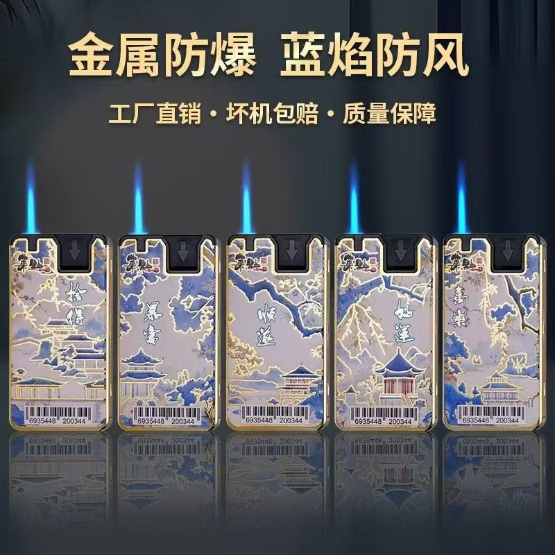 【Позолоченная элегантная рифма】 2025 креативная позолоченная синяя и белая высококачественная прямая ветрозащитная надувная зажигалка из чистого красного металла Изображение 1