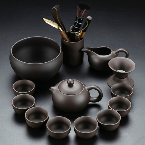 原矿手工紫砂功夫茶具套组覆古家用简约陶瓷茶壶盖碗整套茶杯茶盘