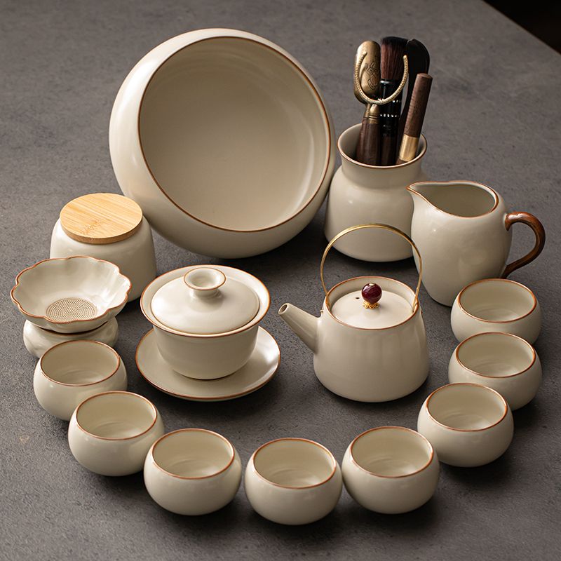 米黄汝窑功夫茶具套装轻奢高档家用防烫提梁壶盖碗茶杯整套泡茶器