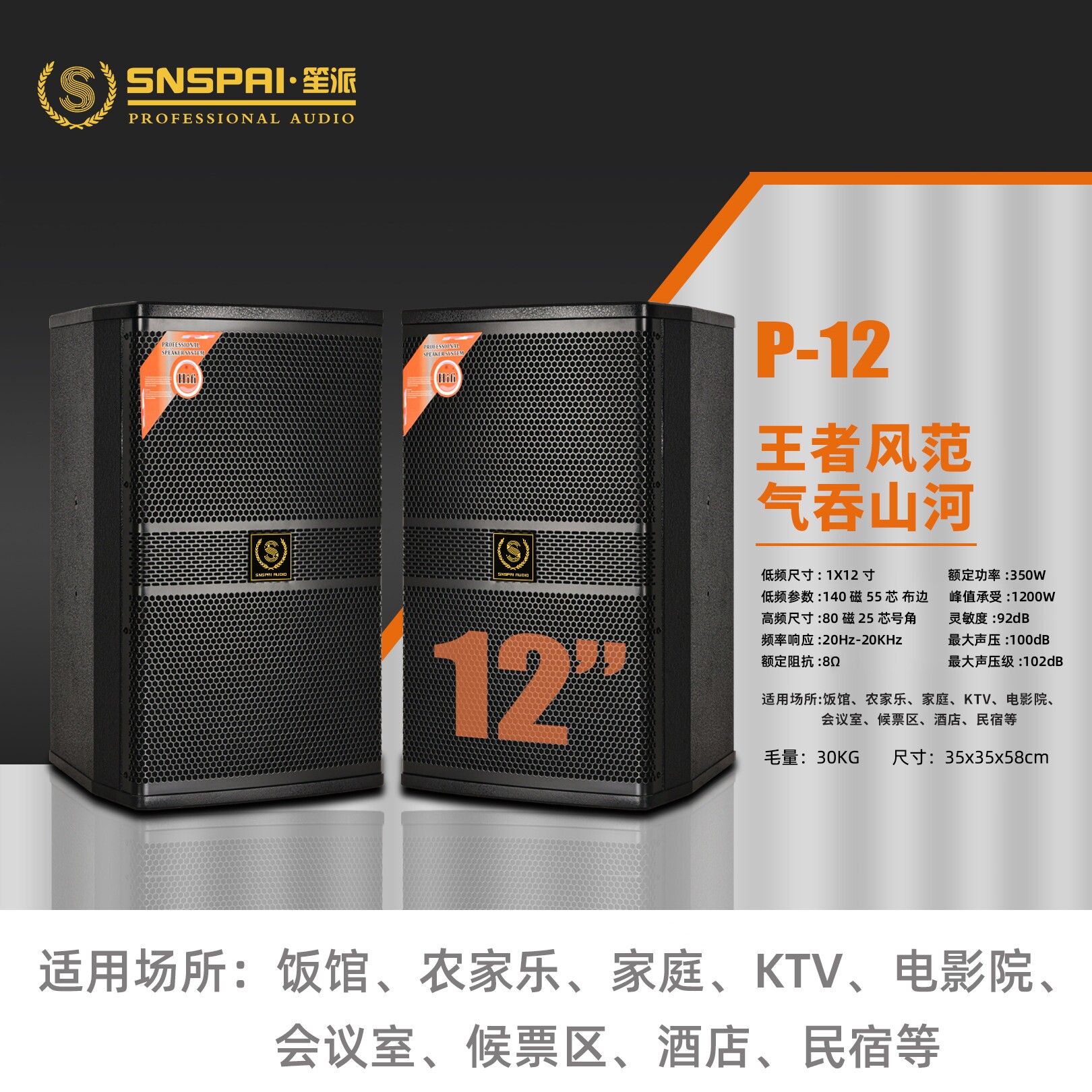 笙派专业10/12/15寸三分频音箱家