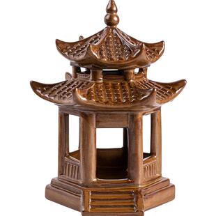 古风双层六角亭子凉亭陶瓷摆件禅意鱼缸造景微景观装饰品中式摆设