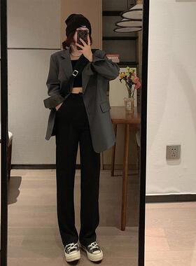 VEEE 真的很显瘦 春夏新款 黑色高腰垂感韩系直筒西装休闲裤