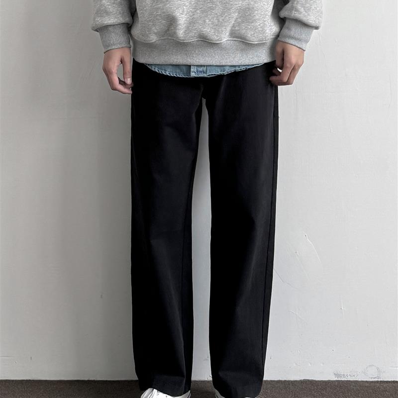 ONUN 复古水洗棉质直筒小黑裤显瘦百搭宽松休闲松紧腰工装裤