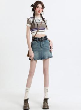 ZSFA高腰牛仔短裙女御姐百搭复古辣妹a字马甲线防走光包臀半身裙