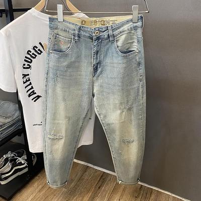 微宽松哈伦九分裤夏季薄款浅色补丁破洞牛仔裤男弹力小脚直筒裤子