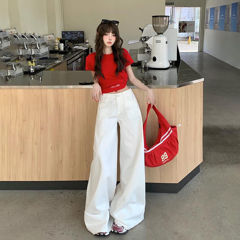 弄格白色牛仔裤女直筒2026春季新品宽松垂感阔腿裤高腰拖地裤子图片