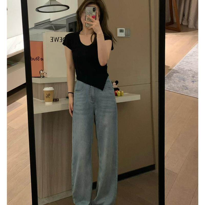 Veee 夏日特调空气感 凉凉天丝牛仔裤显瘦高腰浅蓝直筒薄款阔腿裤