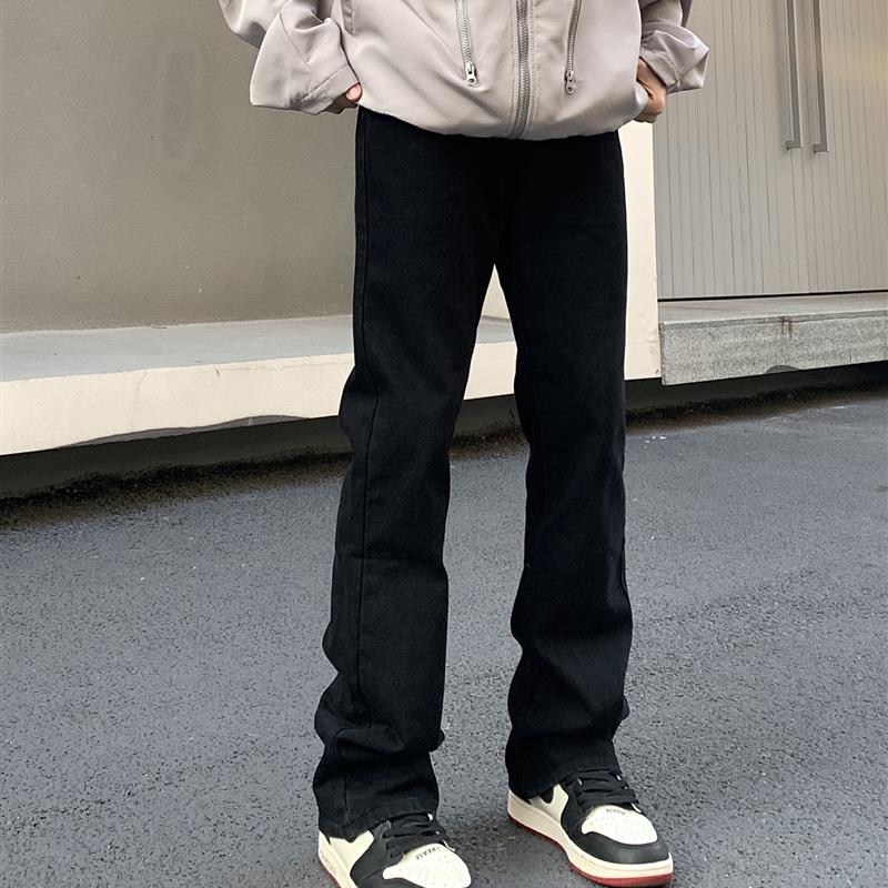 麻饭同学 美式街头水洗黑微喇牛仔裤男女高街修身显瘦堆积感长裤