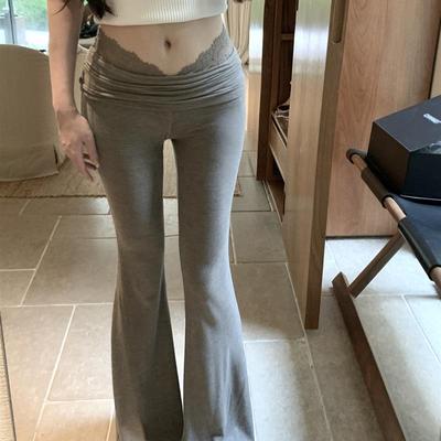 kubiliv【芭蕾美学】蕾丝拼接高腰修身显瘦喇叭裤垂感微喇休闲裤