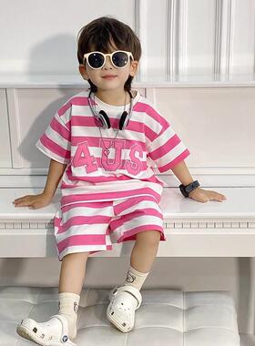 男童夏装套装韩版儿童条纹t恤童装4US新款宝宝夏季短袖酷帅男孩
