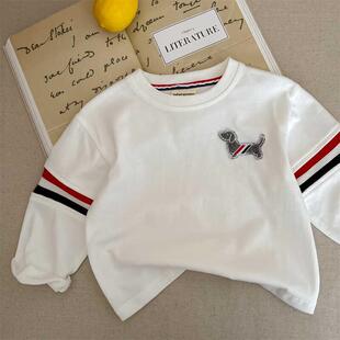 霖霖妈儿童棉T2024秋款TB潮牌长袖T恤衫宝宝小狗贴标圆领打底衫潮